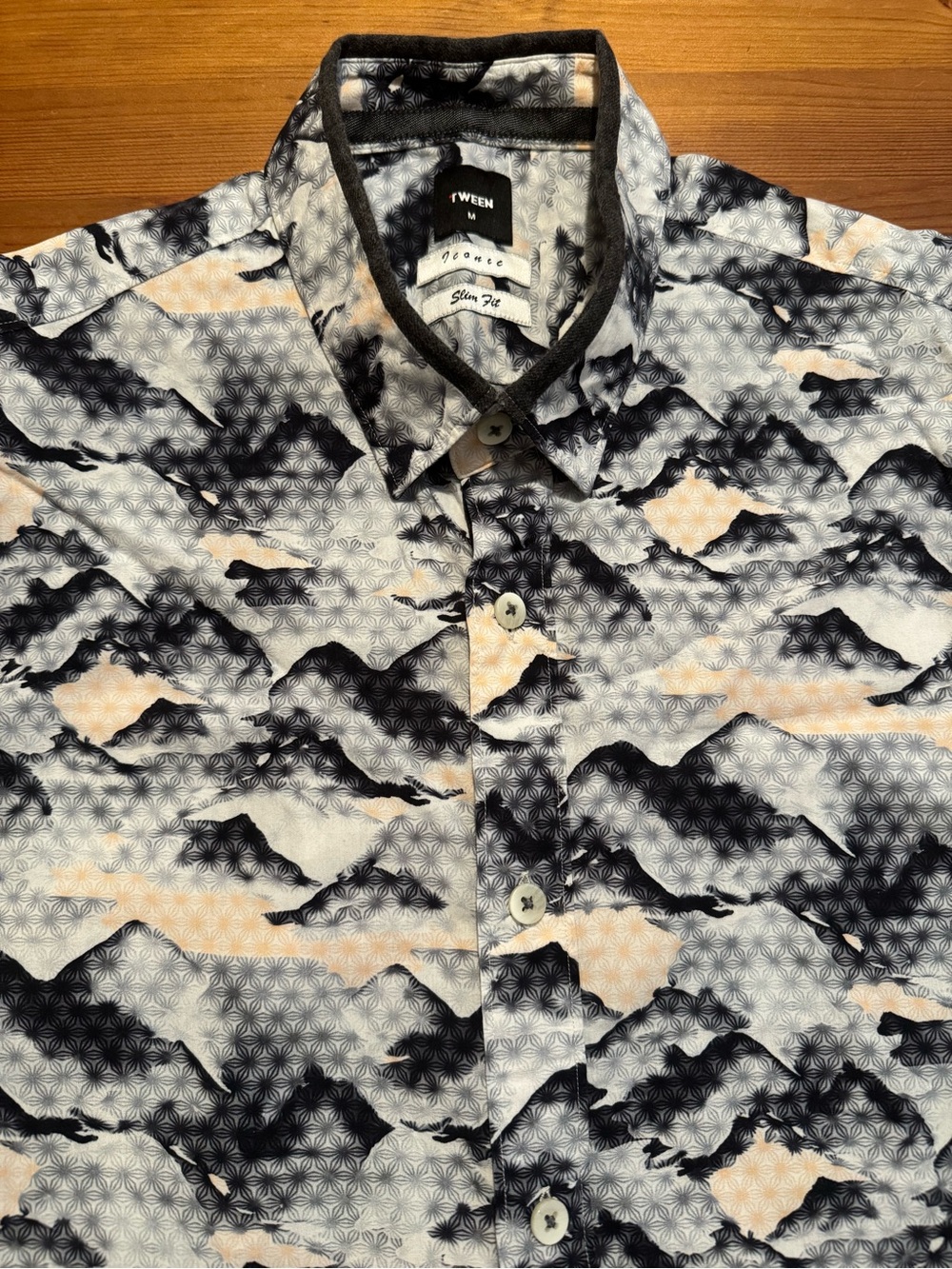 Tween Men's Casual Button-Down Shirt in Black, Cream & White Mountain Print